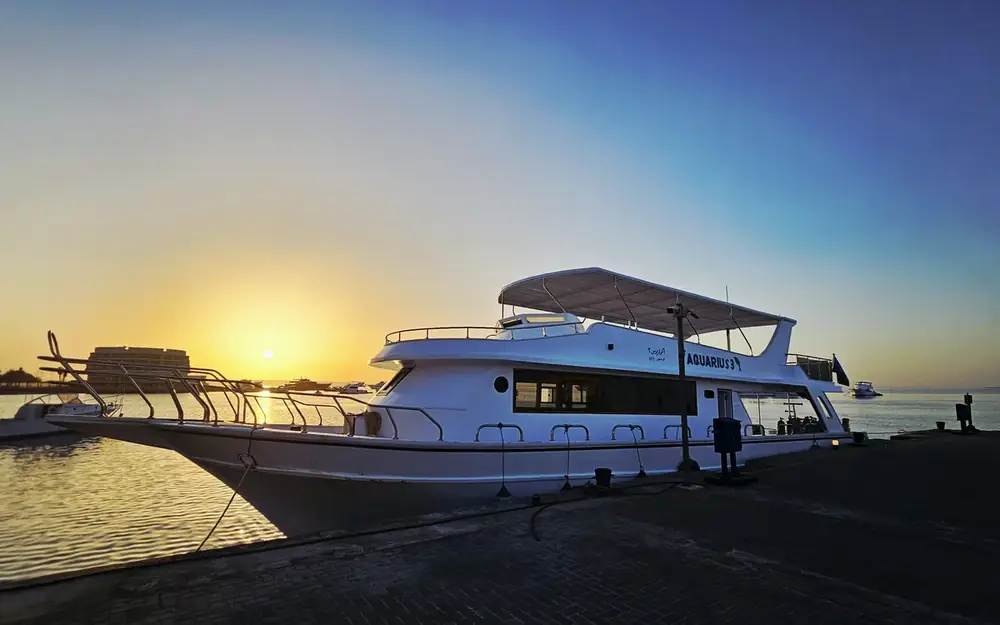 Aquarius 3 dive boat at sunset in Hurghada, Egypt